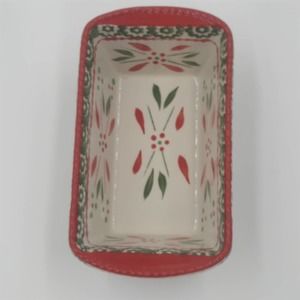 Temptations Mini 12 oz Stoneware Loaf Pan With Lid Lid Holiday Pattern